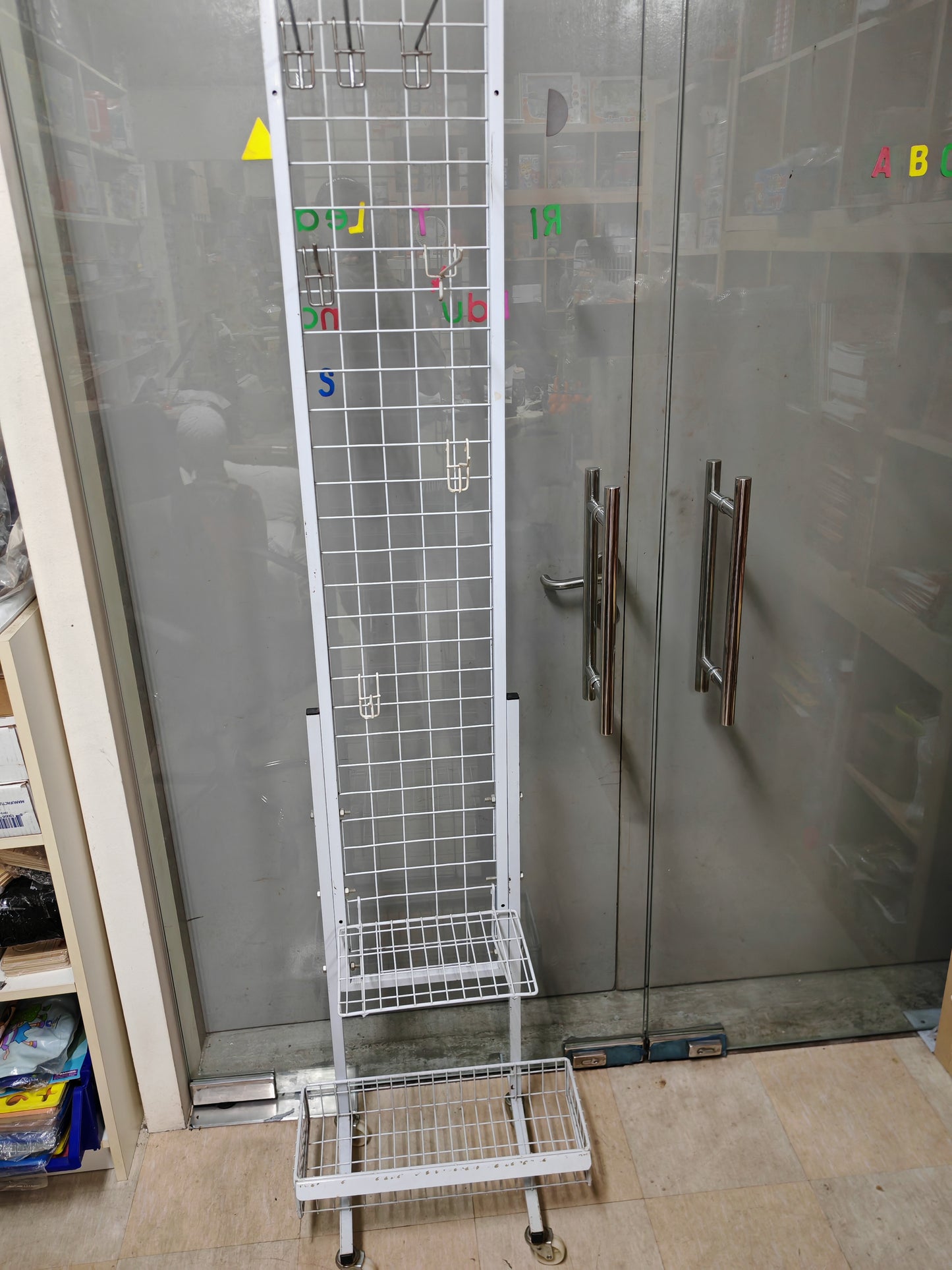 White Metal Display Rack with Shelves and hooks - Clearance