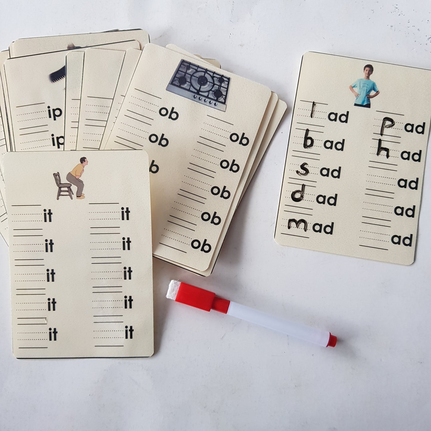 Montessori Phonics Dry Erase Writing Practice Cards - CVC Word Family & Consonant Blends