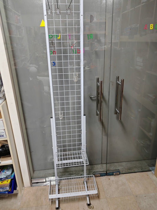 White Metal Display Rack with Shelves and hooks - Clearance