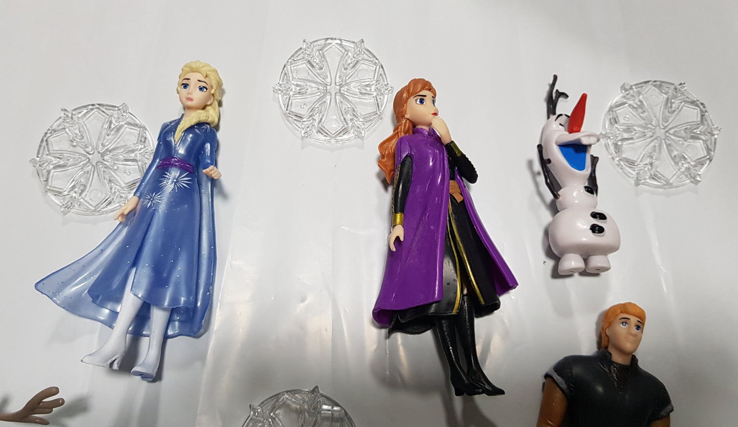 FROZEN 2 Characters / Cake Toppers - 5  Figurines / Figures with Transparent Snowflakes Stands