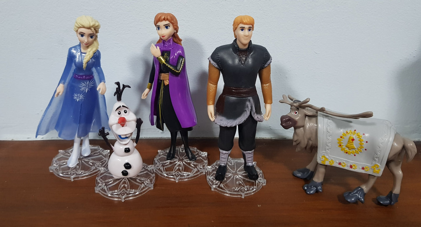 FROZEN 2 Characters / Cake Toppers - 5  Figurines / Figures with Transparent Snowflakes Stands