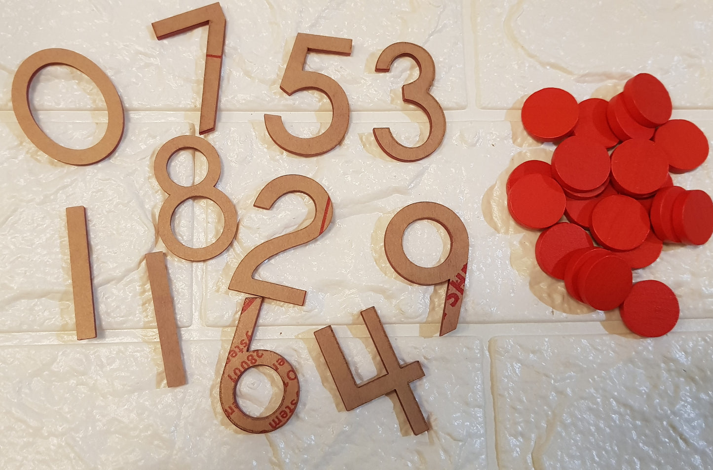 Cut out Acrylic Numbers and Red wooden counters