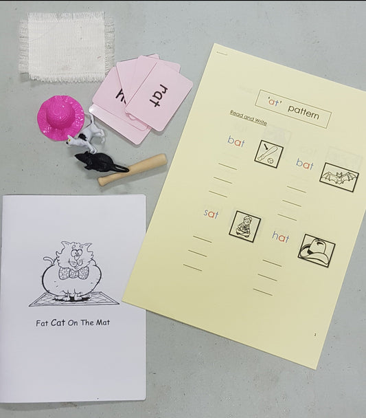 Montessori Pink Scheme Phonics word family 'at' pattern worksheet & objects with FREE 'at' reader / coloring book