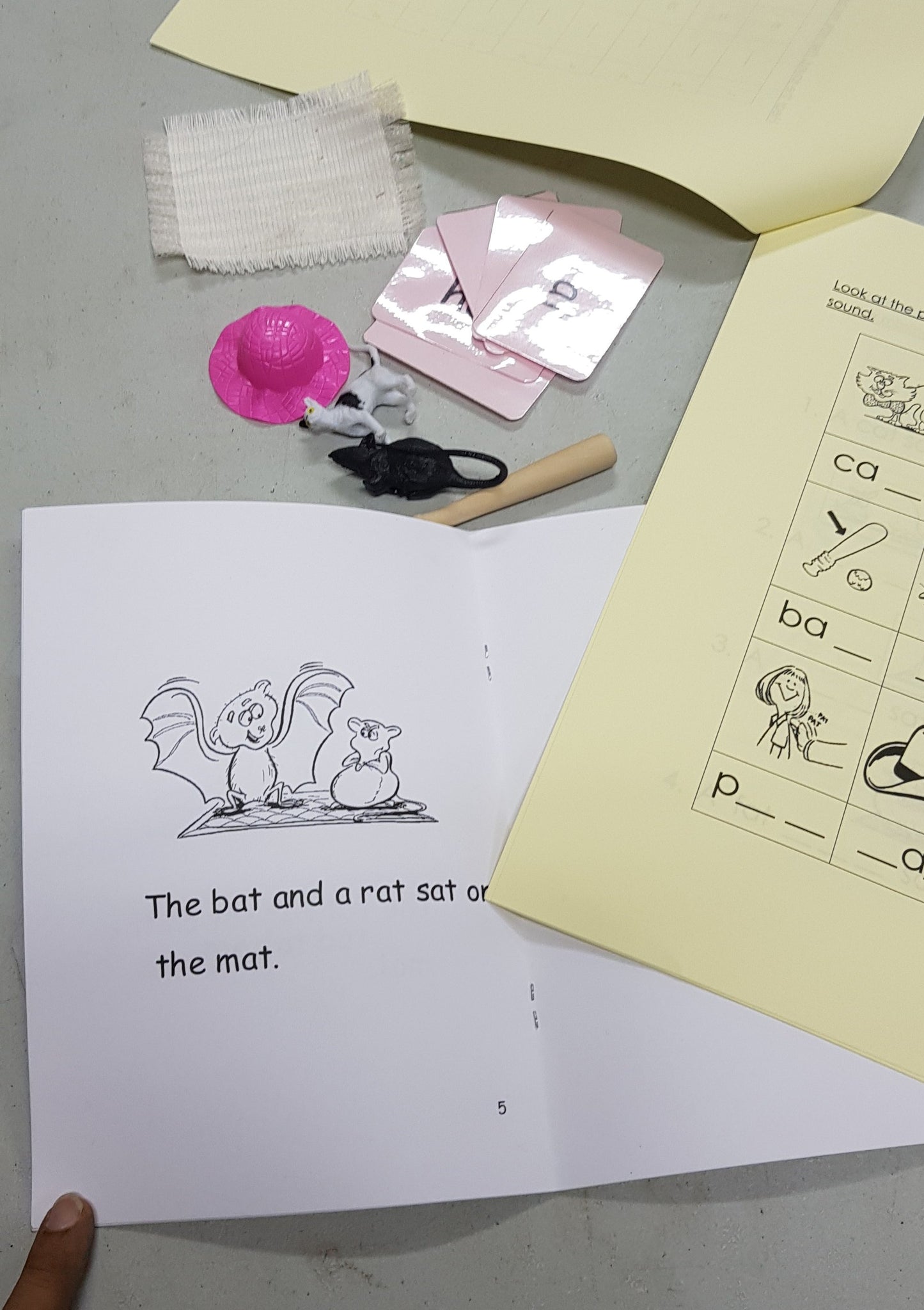 Montessori Pink Scheme Phonics word family 'at' pattern worksheet & objects with FREE 'at' reader / coloring book