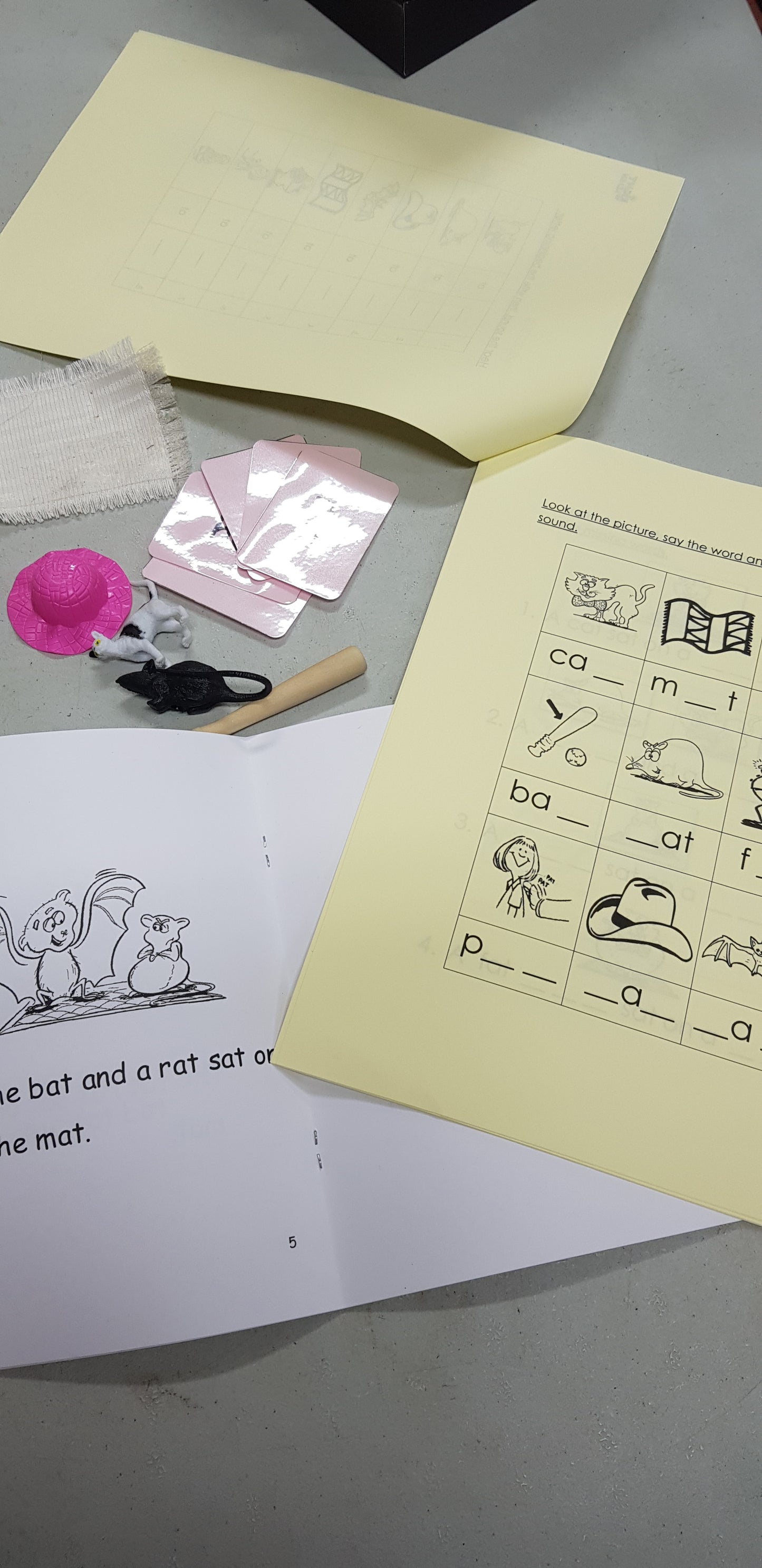 Montessori Pink Scheme Phonics word family 'at' pattern worksheet & objects with FREE 'at' reader / coloring book