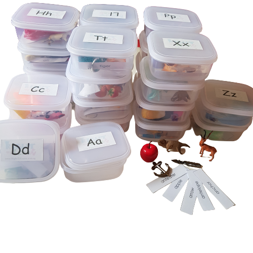 Montessori NEW Phonics Alphabet / Letter Sound White Boxes A - Z with objects & Name Tags