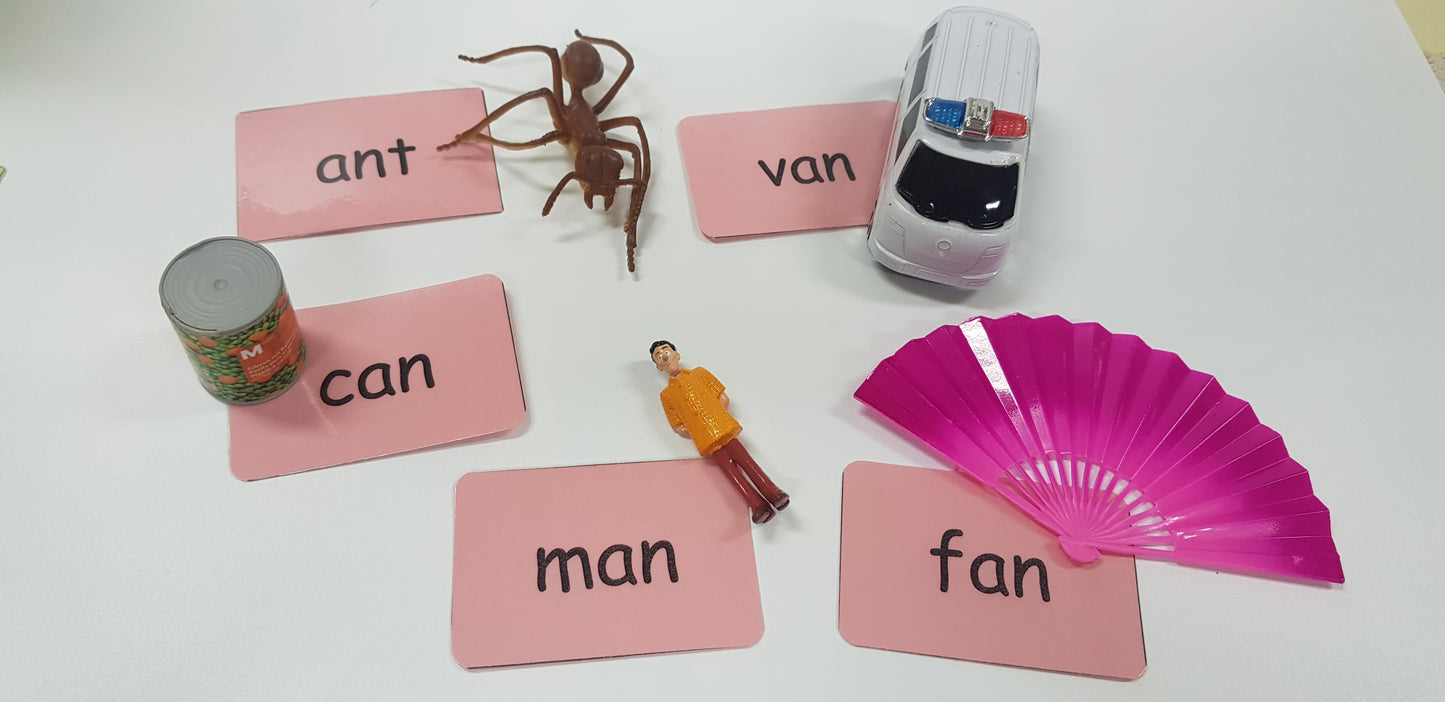 Montessori Pink Scheme - Phonics - word family - 'an' pattern miniature objects