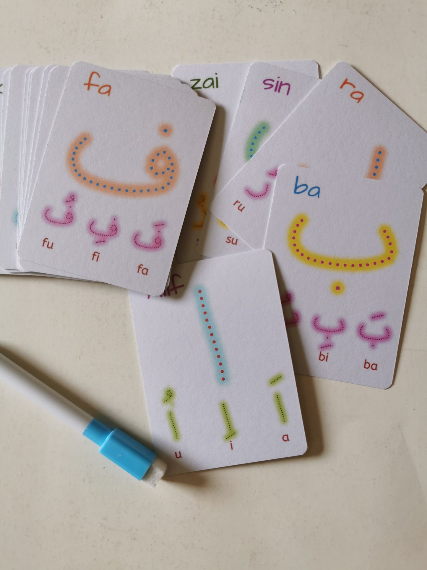 Arabic Huruf Hijayah Flashcards with marker wipe & Clean / fathah kasrah dammah