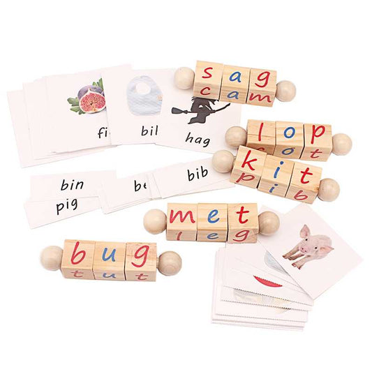 Wooden Twist & Spin Alphabet Cubes - CVC words with matching 3 part cards