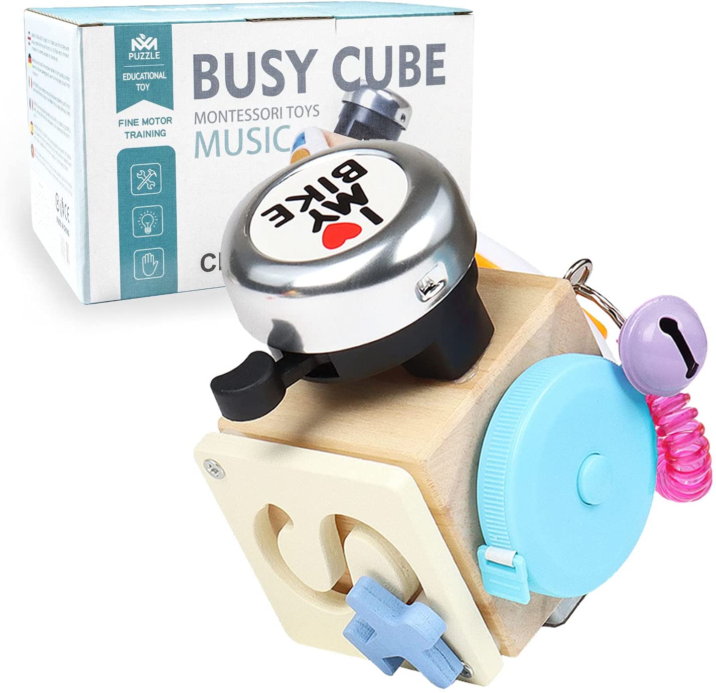 Montessori Sensory Fine Motor Skills Fidget Activity Music Bell  Wooden Busy Cube