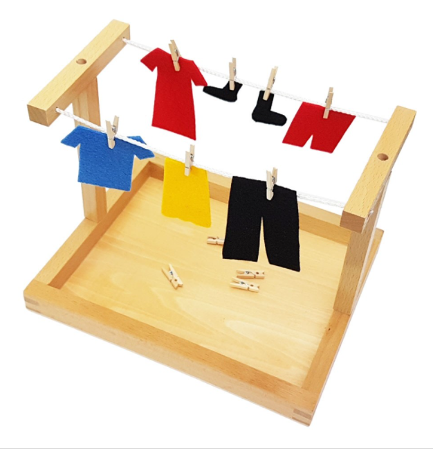 Montessori Practical Life Table Activity - Mini Wooden Clothes Line Hanger with tiny pegs