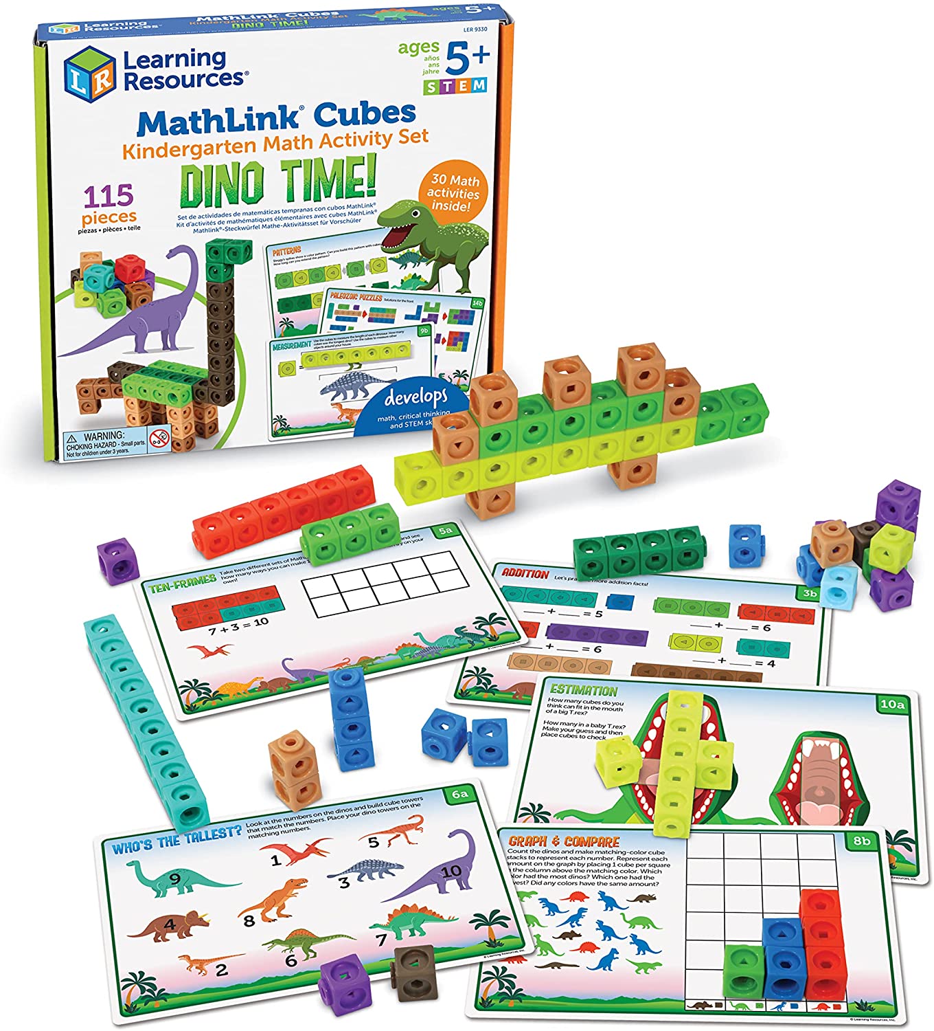 Learning Resources MathLink Cubes - Kindergarten Math Activity Set: Dino Time! 115 Pieces,  STEM Dinosaur Activities,