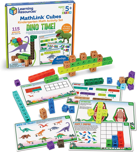 Learning Resources MathLink Cubes - Kindergarten Math Activity Set: Dino Time! 115 Pieces,  STEM Dinosaur Activities,