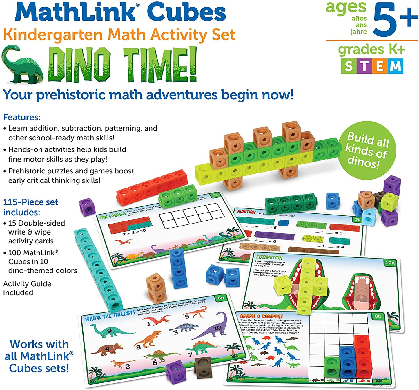 Learning Resources MathLink Cubes - Kindergarten Math Activity Set: Dino Time! 115 Pieces,  STEM Dinosaur Activities,