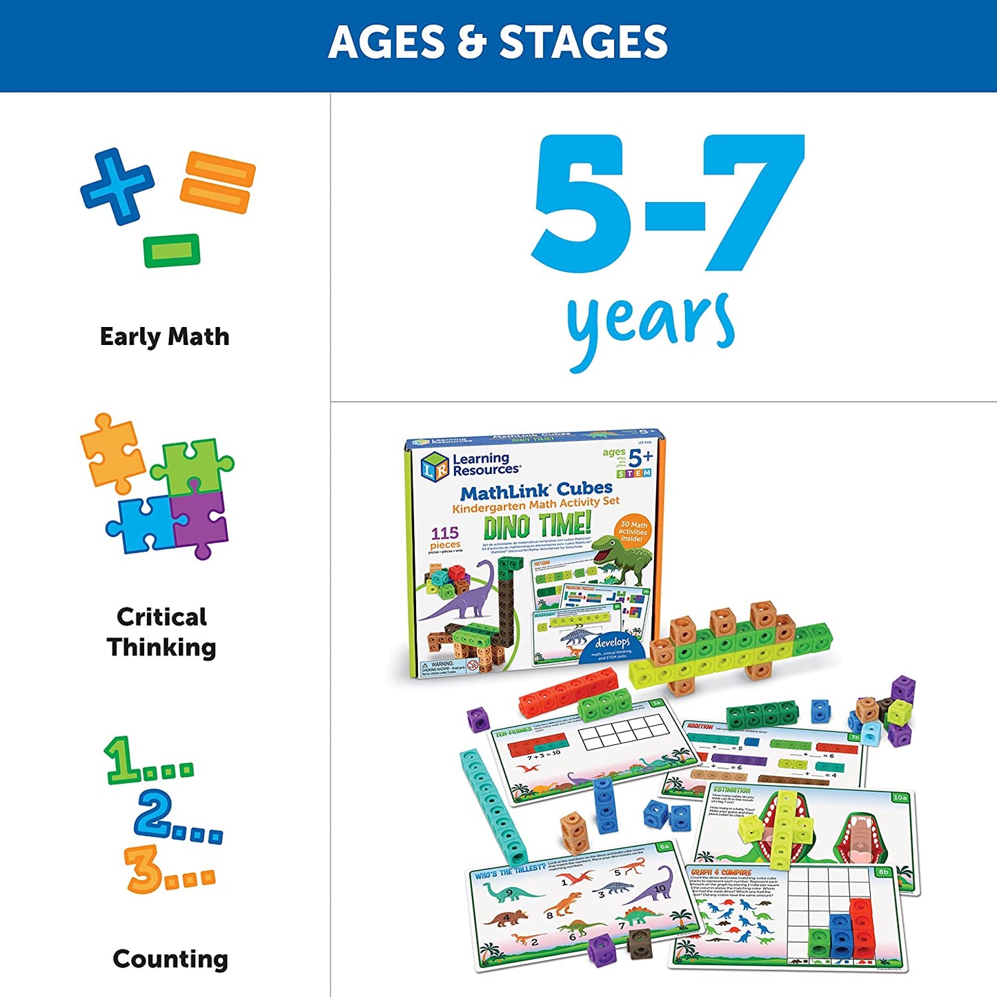 Learning Resources MathLink Cubes - Kindergarten Math Activity Set: Dino Time! 115 Pieces,  STEM Dinosaur Activities,