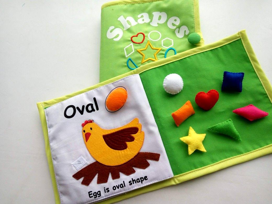 Handmade Quiet Fabric Book with felt SHAPES pieces - infant toddler learning about shapes