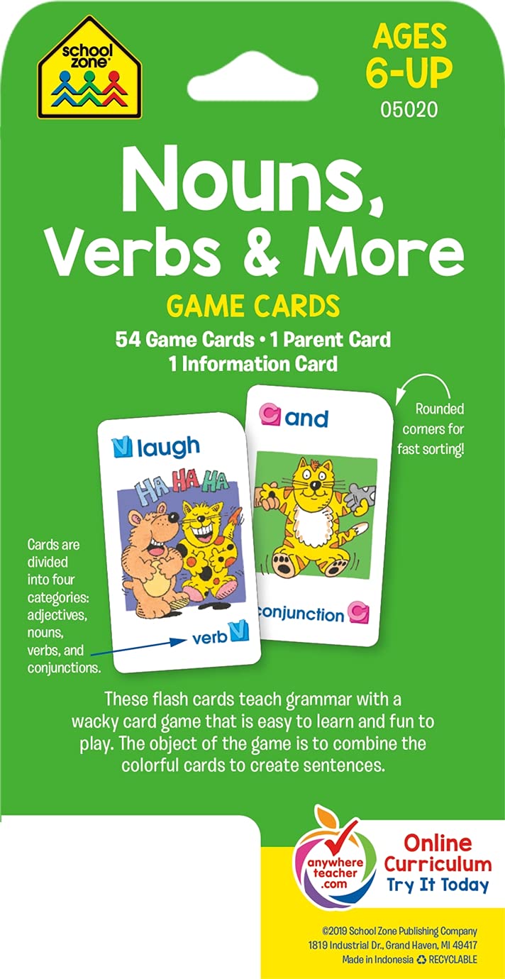 SCHOOL ZONE - Nouns, Verbs & More Game Cards, - Grammar, Parts of Speech, Word-Picture Association, Sentence Structures,