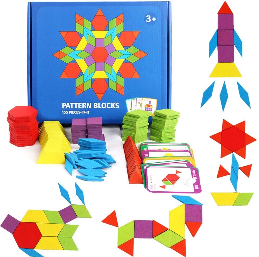 Tangrams Vs Pattern Blocks 155 pcs wooden Pattern Blocks - Geometric Shapes / Tangram ...