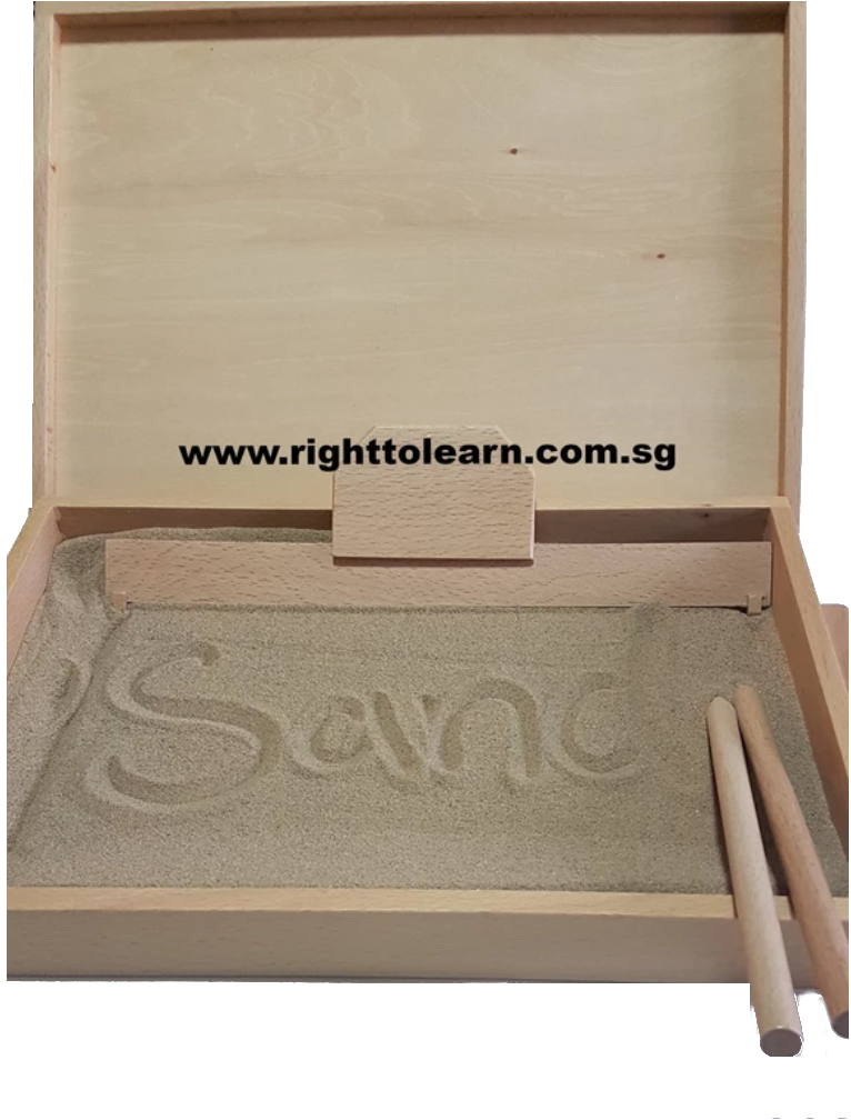 Montessori Wooden Sand Tray with Smoothing Tool and Dummy Pencils - Clearance